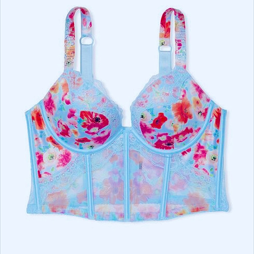 Victoria’s Secret poppies satin shine logo straps push-up corset top
